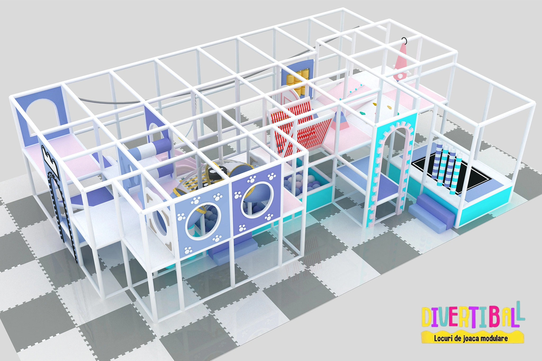 Producator locuri de joaca modulare de interior pentru copii – Loc de joaca modular – DB 14 – 1100m x 600m x 250m Llh Loc de joacă modular – DB 14 – 11,00m x 6,00m x 2,50m (Llh)