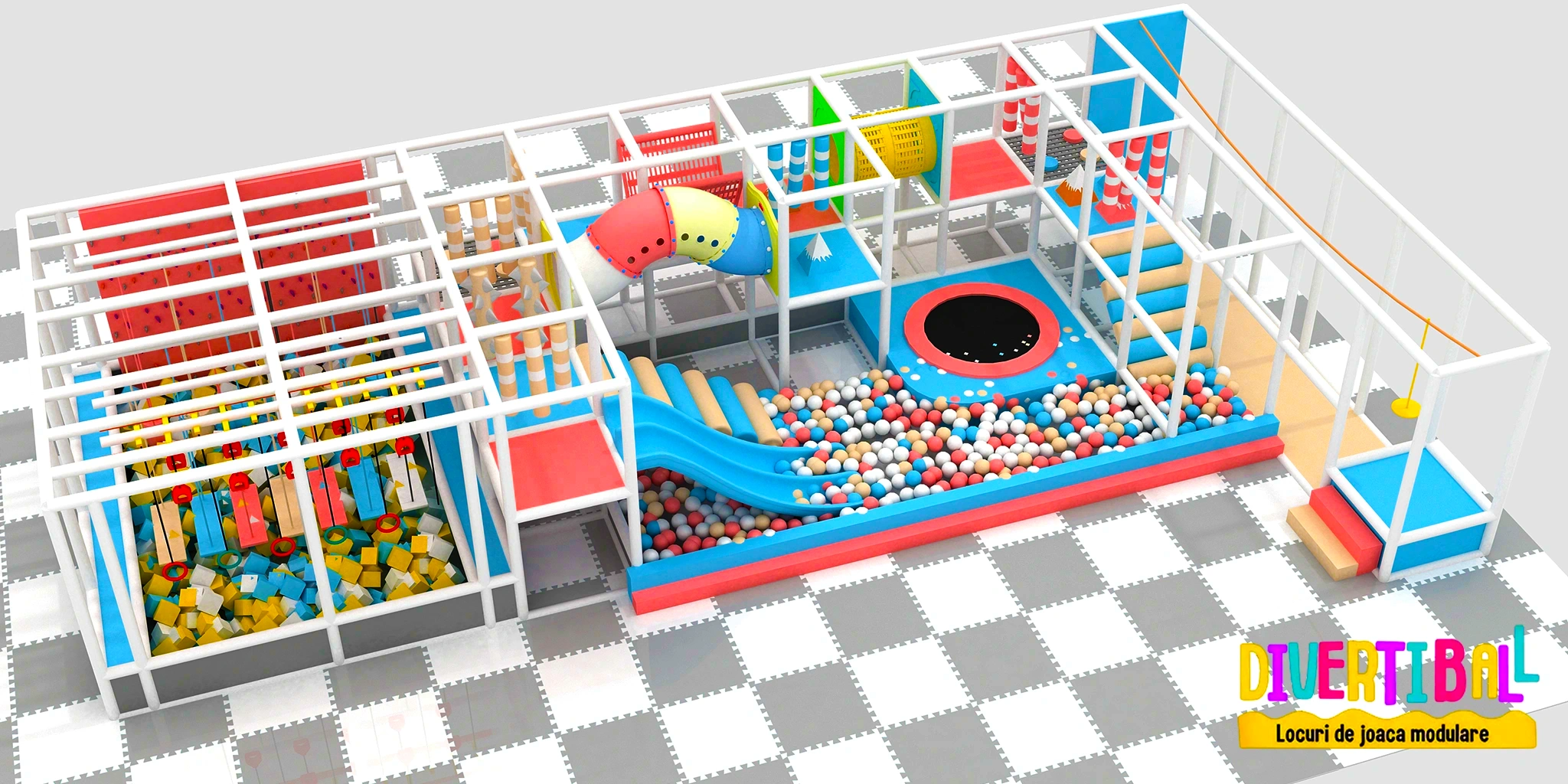 Producator locuri de joaca modulare de interior pentru copii – Loc de joaca modular – DB 21 – 1300m x 500m x 280m 1 Loc de joacă modular – DB 21 – 13,00m x 5,00m x 2,80m 1