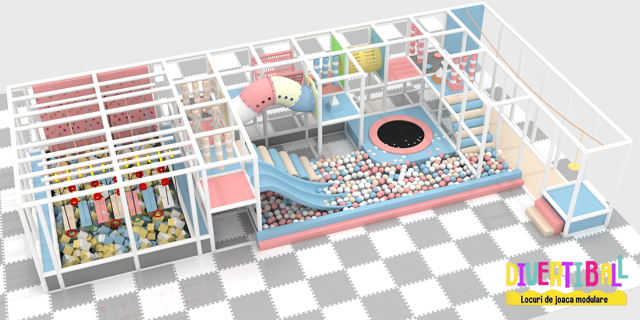 Producator locuri de joaca modulare de interior pentru copii – Loc de joaca modular – DB 21 – 1300m x 500m x 280mLlh Loc de joacă modular – DB 21 – 13,00m x 5,00m x 2,80m(Llh)