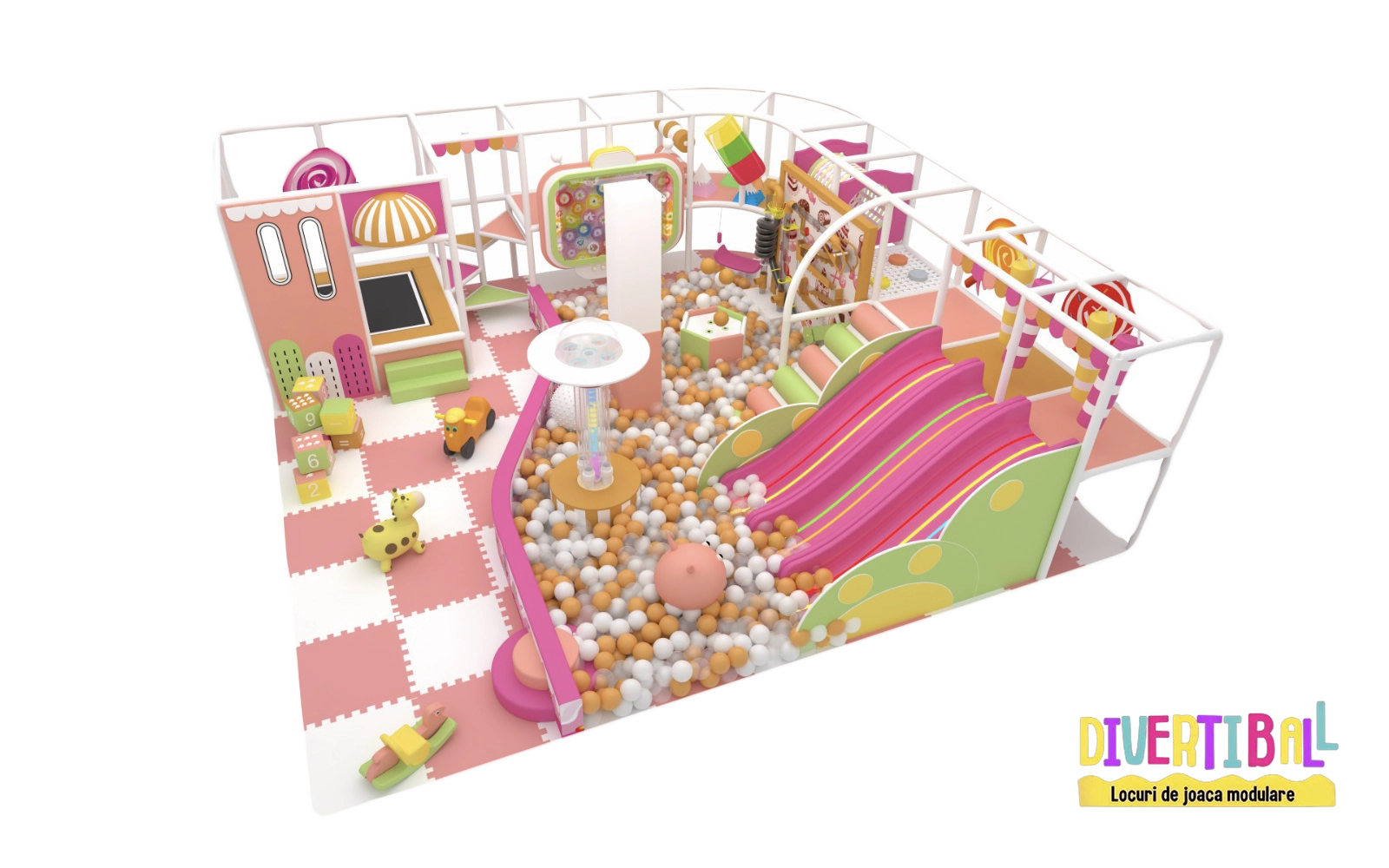 Producator locuri de joaca modulare de interior pentru copii – Amenajare completa loc de joaca modular – Candy – DBC09 1.1 Amenajare completă loc de joacă modular – Candy – DBC09 -1.1