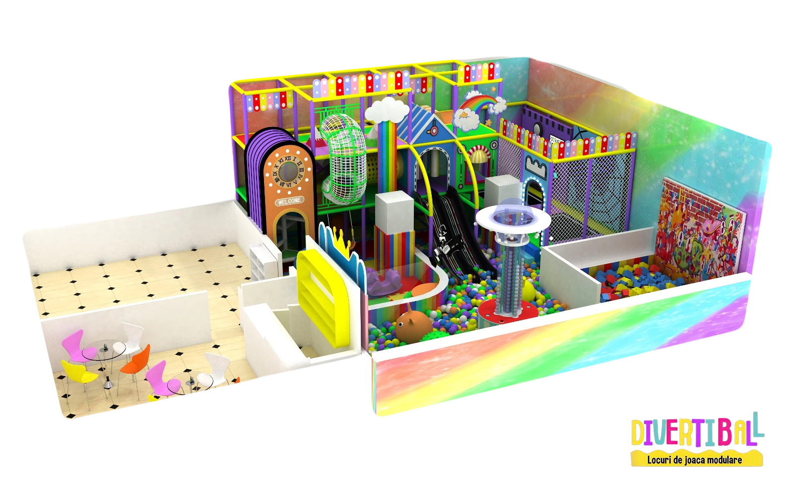 Producator locuri de joaca modulare de interior pentru copii – Amenajare completa loc de joaca modular – Rainbow – DBC10 1.1.1 Amenajare completă loc de joacă modular – Rainbow – DBC10 1.1.1